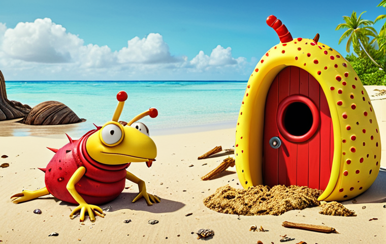 **

Prompt: "Larva, Red and Yellow, stranded on a deserted island, working together to build a shelter and find food. Cartoon style, bright colors, comedic scene."

**