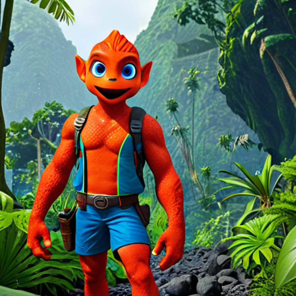 **

A vibrantly colored, friendly Lava character, red-skinned with contrasting green and blue details, fully clothed in a non-revealing adventurer outfit, posing in a playful, dynamic stance within a lush jungle setting. Safe for work, appropriate content, professional illustration, perfect anatomy, correct proportions, natural pose, well-formed hands, proper finger count, natural body proportions, family-friendly.

**