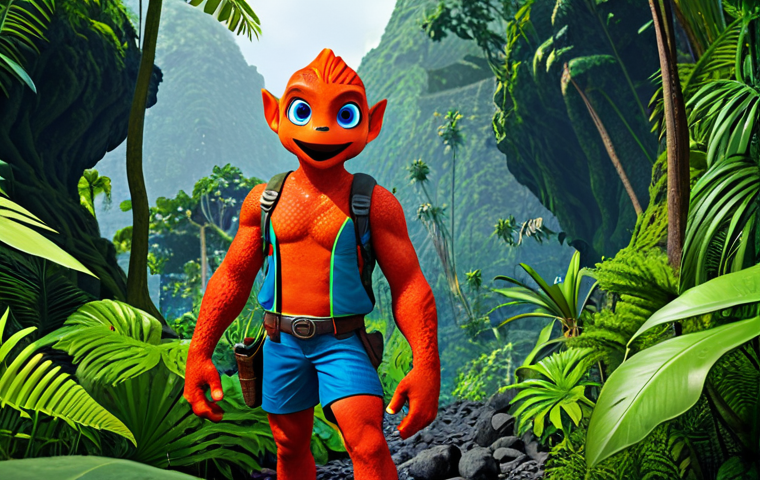 **

A vibrantly colored, friendly Lava character, red-skinned with contrasting green and blue details, fully clothed in a non-revealing adventurer outfit, posing in a playful, dynamic stance within a lush jungle setting. Safe for work, appropriate content, professional illustration, perfect anatomy, correct proportions, natural pose, well-formed hands, proper finger count, natural body proportions, family-friendly.

**