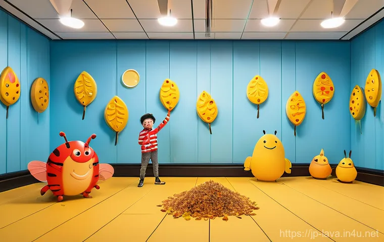 라바 테마의 방탈출 카페 리뷰 - **Immersive Larva Escape Cafe Interior:** A wide shot of a vibrant and highly detailed escape game c...