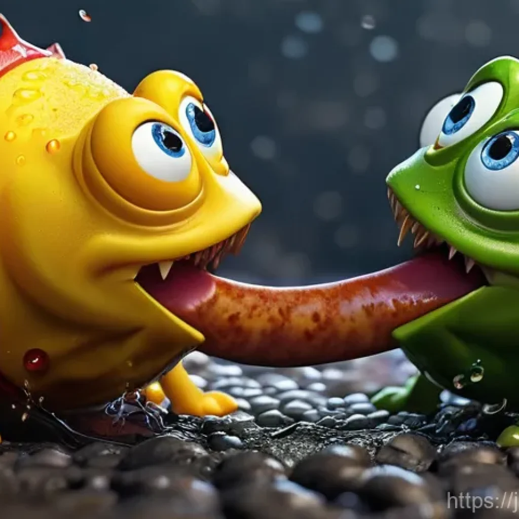 라바 해외 팬덤의 확장성 - **Prompt 1: Comical Food Struggle in a Sewer**
    "Two highly expressive animated larvae, the energ...