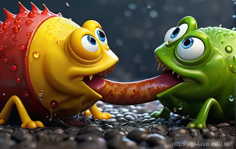 라바 해외 팬덤의 확장성 - **Prompt 1: Comical Food Struggle in a Sewer**
    "Two highly expressive animated larvae, the energ...