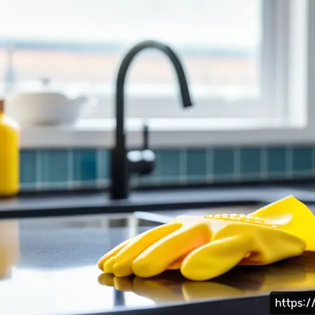 라바가 인기 있는 국가별 반응 - A close-up image of a colorful rubber household glove lying on a kitchen countertop, showcasing its ...