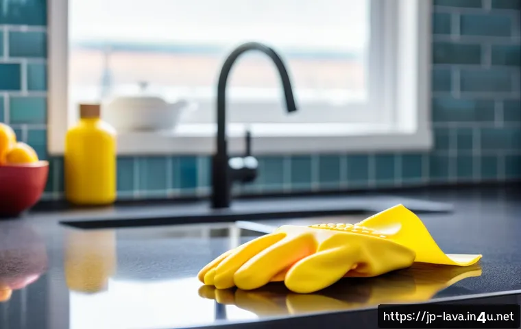 라바가 인기 있는 국가별 반응 - A close-up image of a colorful rubber household glove lying on a kitchen countertop, showcasing its ...