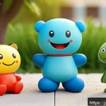 라바 시리즈별 등장인물 - A vibrant scene featuring four colorful rubbery characters standing together in a sunny park. The re...