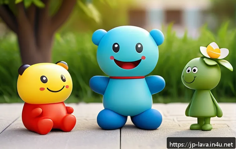 라바 시리즈별 등장인물 - A vibrant scene featuring four colorful rubbery characters standing together in a sunny park. The re...