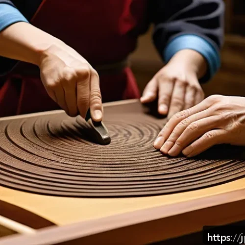 라바와 연결된 문화적 상징성 - A traditional Japanese artisan workshop scene, featuring skilled craftsmen hand-carving intricate wa...
