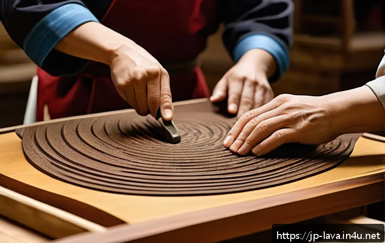 라바와 연결된 문화적 상징성 - A traditional Japanese artisan workshop scene, featuring skilled craftsmen hand-carving intricate wa...