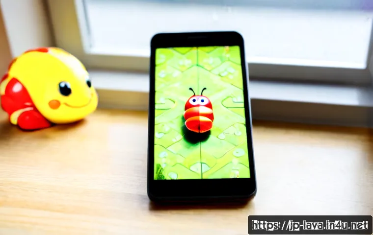 라바 관련 모바일 게임 리스트 - Photorealistic close-up of a modern smartphone on a clean wooden desk, screen showing a colorful gen...